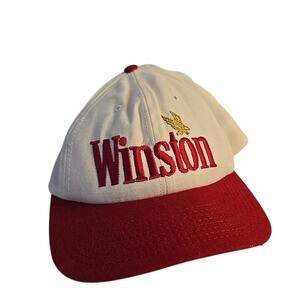 Winston Snap Back Cap, Vintage 90s Made In The USA Green Brim Red White Gold